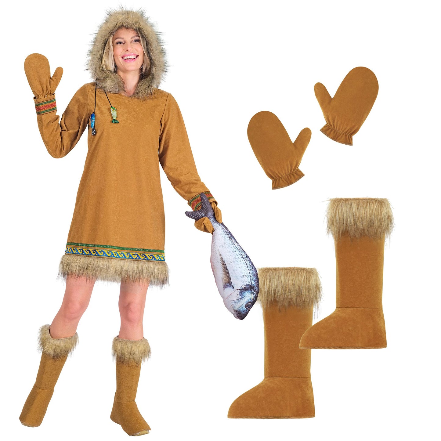 "ESKIMO" (Kleid mit Kapuze, Handschuhe, Stiefelüberzieher) – Detailansicht