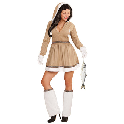"ESKIMO" (Kleid mit Kapuze, Stulpen, Handschuhe) – Vorderansicht