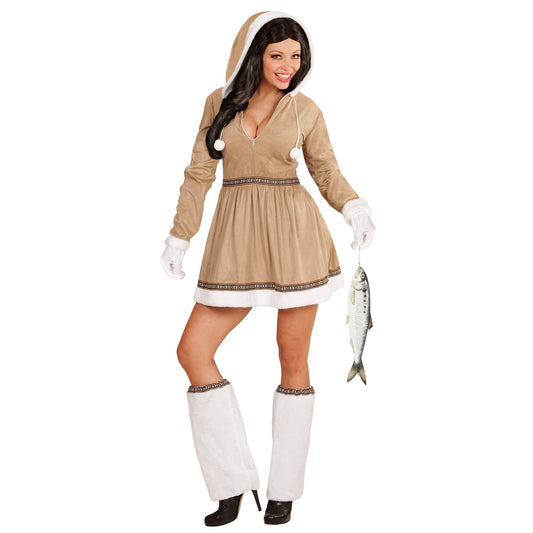 "ESKIMO" (Kleid mit Kapuze, Stulpen, Handschuhe) – Vorderansicht