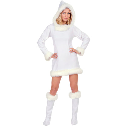 "ESKIMO" (Kleid mit Kapuze und Stiefelüberzieher mit Plüsch) – Vorderansicht