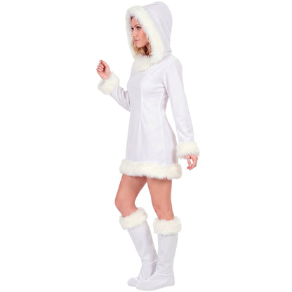 "ESKIMO" (Kleid mit Kapuze und Stiefelüberzieher mit Plüsch) – Detailansicht