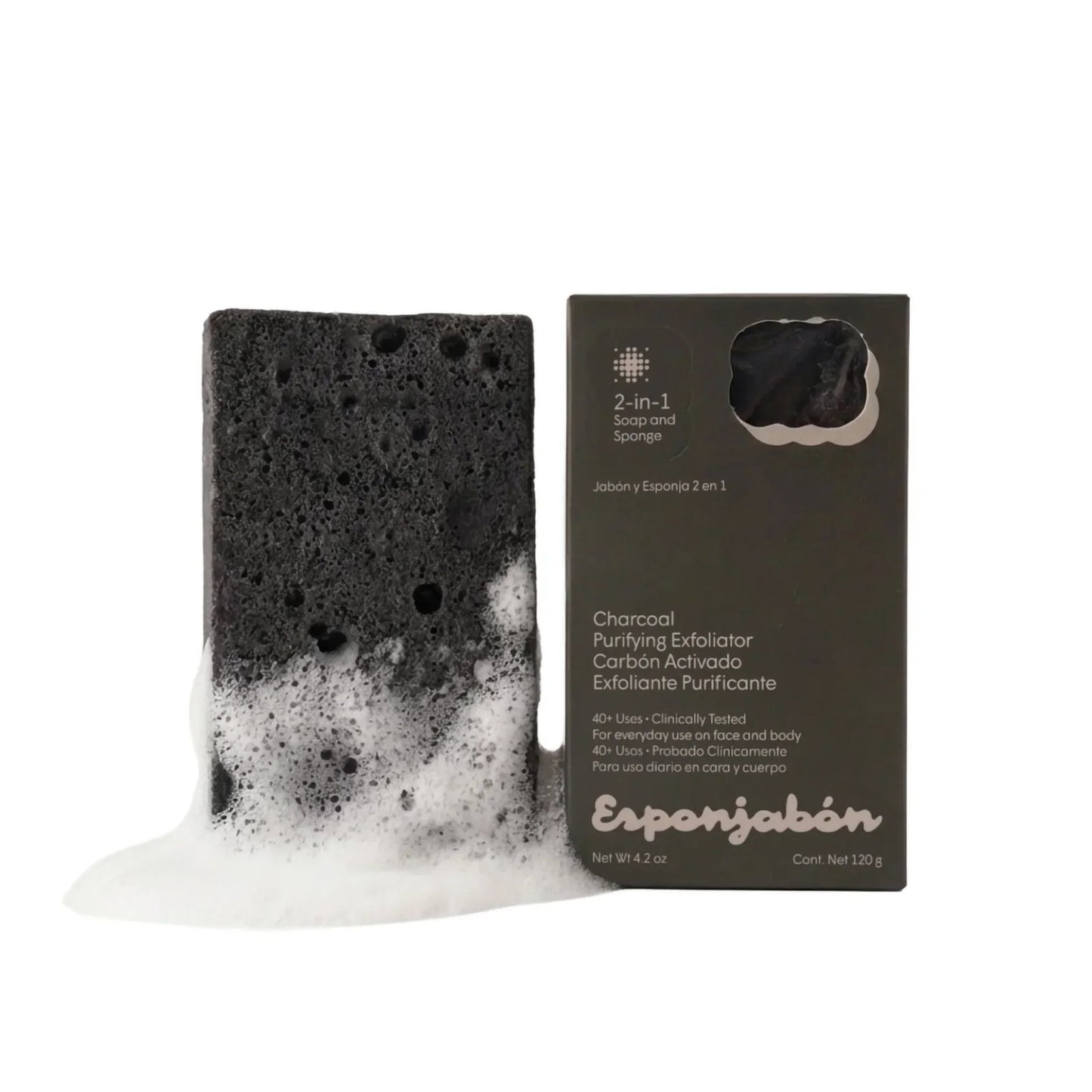 Esponjabon, Charcoal, Exfoliating & Purifying, Seife und Schwamm 2-in-1, Für Gesicht & Körper, 120 g