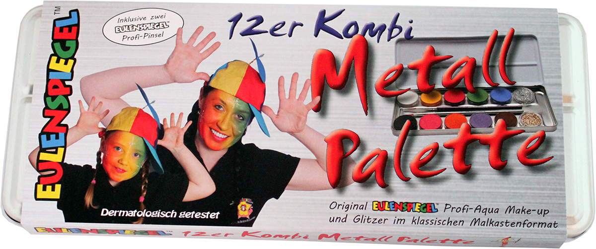 Eulenspiegel Aqua Schminke Palette mit 10 Farben, 2 Glitzern und zwei professionellen Pinseln im Metallgehäuse