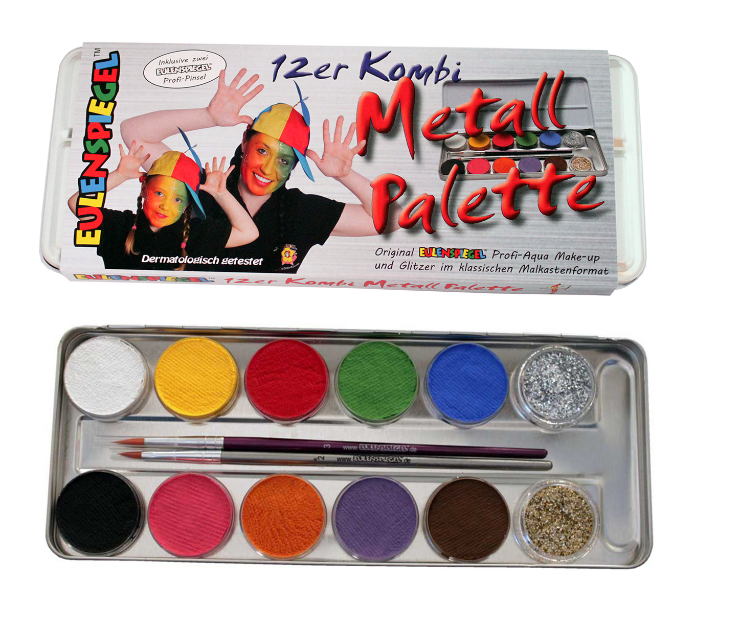 Eulenspiegel Aqua Schminke Palette mit 10 Farben, 2 Glitzern und zwei Pinseln im Metalletui