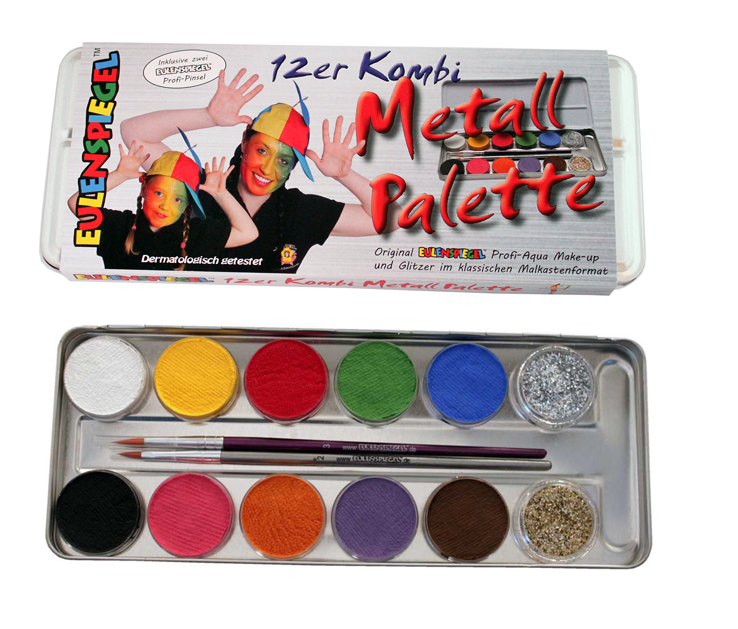 Eulenspiegel Aqua Schminke Palette mit 10 Farben, 2 Glitzern und zwei Pinseln im Metalletui