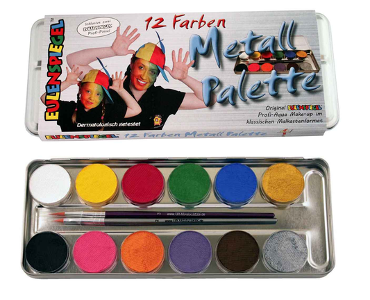 Eulenspiegel 12-Farben Metall-Palette mit Case und 2 Profi-Pinseln - Fasnacht24.ch