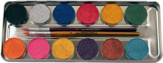 Eulenspiegel Metallic Aqua Schminkpalette mit 12 schimmernden Farben und zwei Pinseln im Metalletui