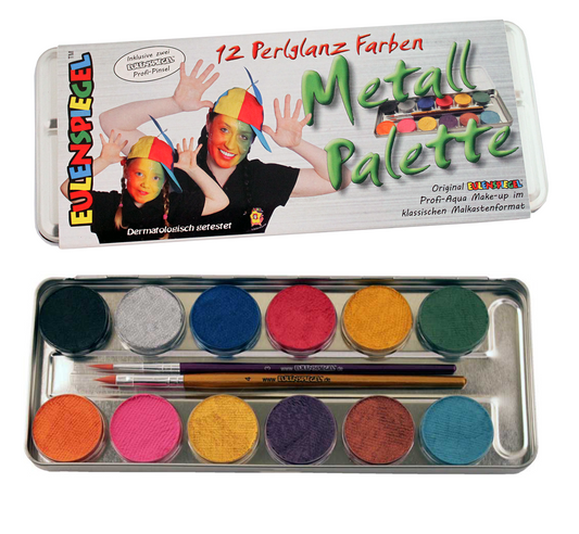 Eulenspiegel Palette mit 12 Perlglanz-Farben in verschiedenen Metallic-Tönen und zwei Pinseln.