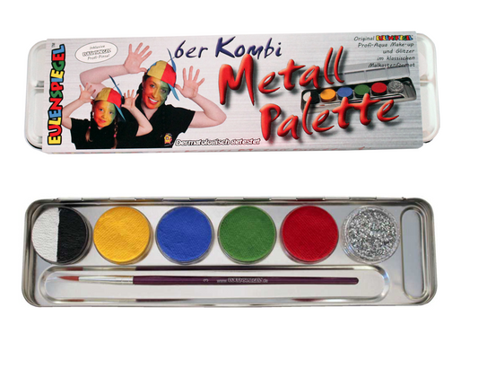 Eulenspiegel Aqua Schminke Palette mit fünf Farben, Glitzer und Pinsel in Metallbox