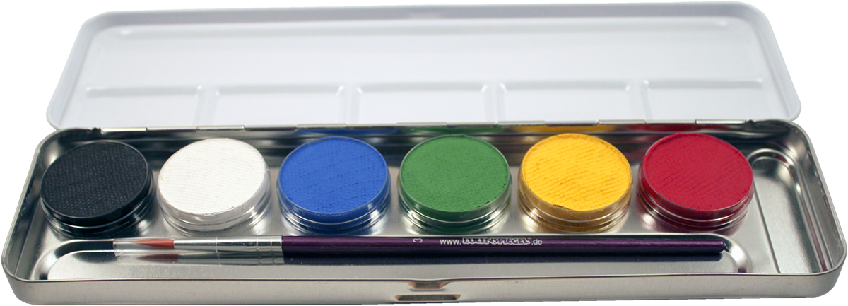 Eulenspiegel Aqua Schminke Palette mit 6 matten Farben und einem Profi-Pinsel in einem Metallcase.