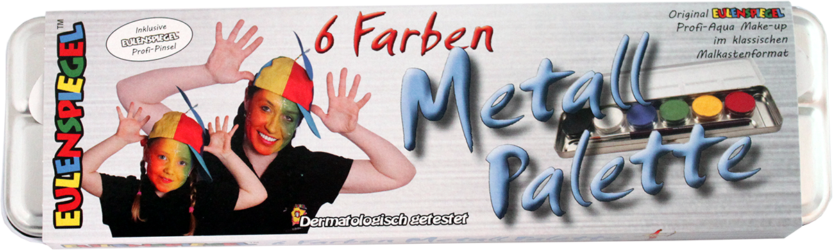 Eulenspiegel Aqua Schminke Palette mit 6 matten Farben und einem Pro Pinsel in einem Metallgehäuse.