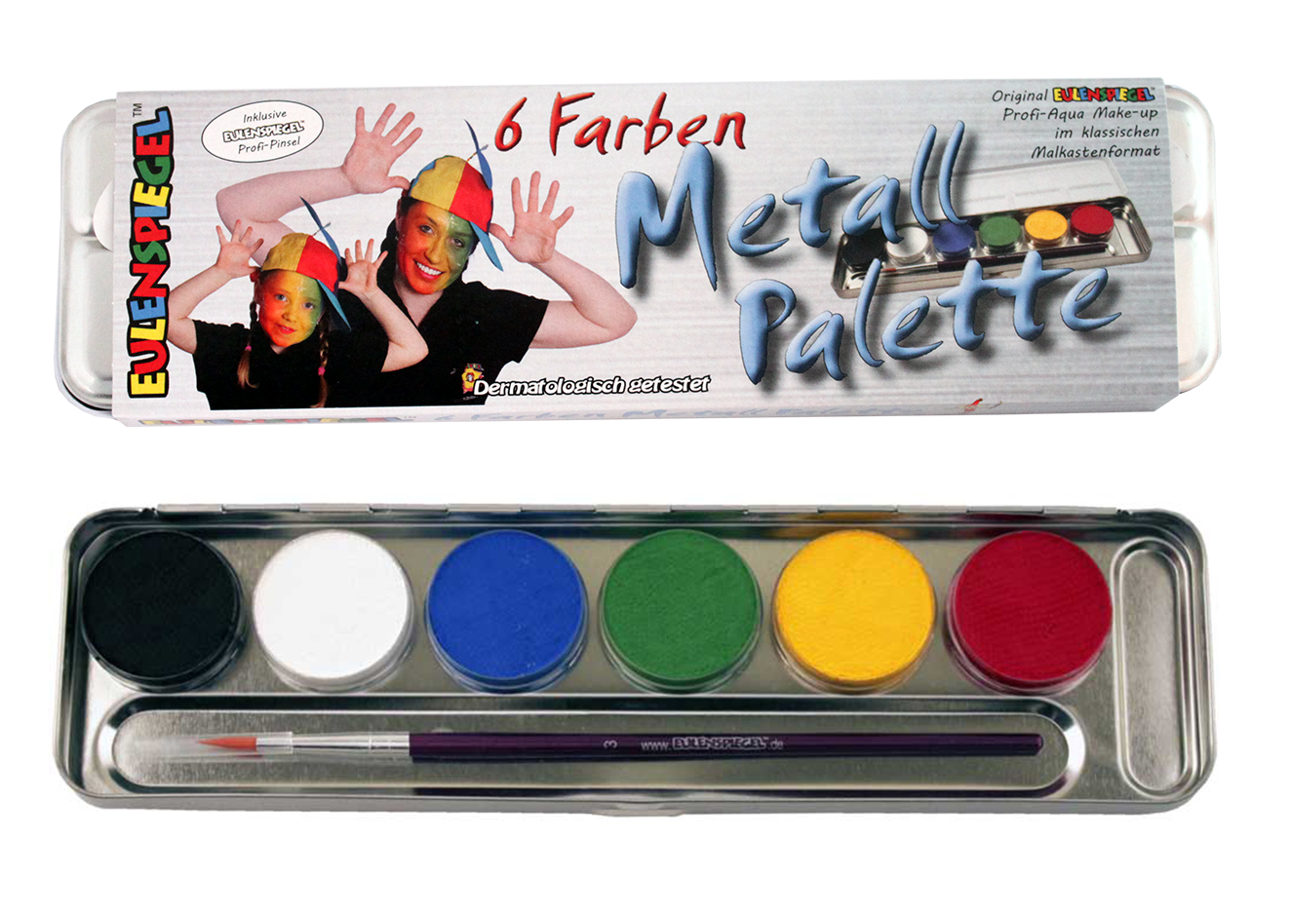 Eulenspiegel Aqua Schminke Palette mit 6 matten Farben und einem Pro Pinsel in Metallgehäuse.
