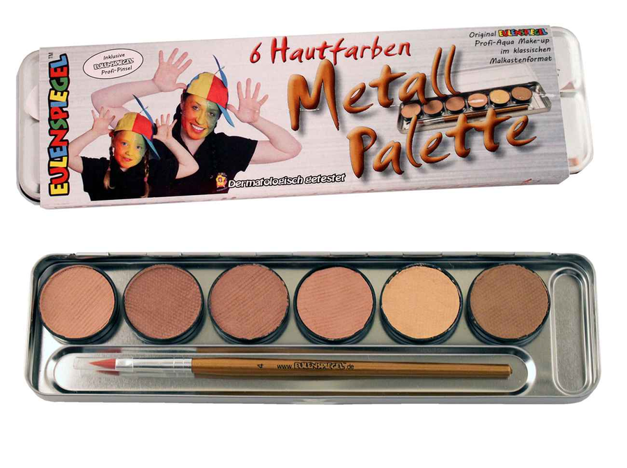 Eulenspiegel Aqua Schminke Metallpalette mit 6 Hauttönen und Profi-Pinsel – Produktansicht