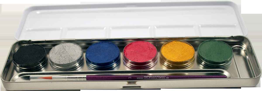 Eulenspiegel Perlglanz Schmink Palette – 6 Farben mit Profi Pinsel – Detailansicht