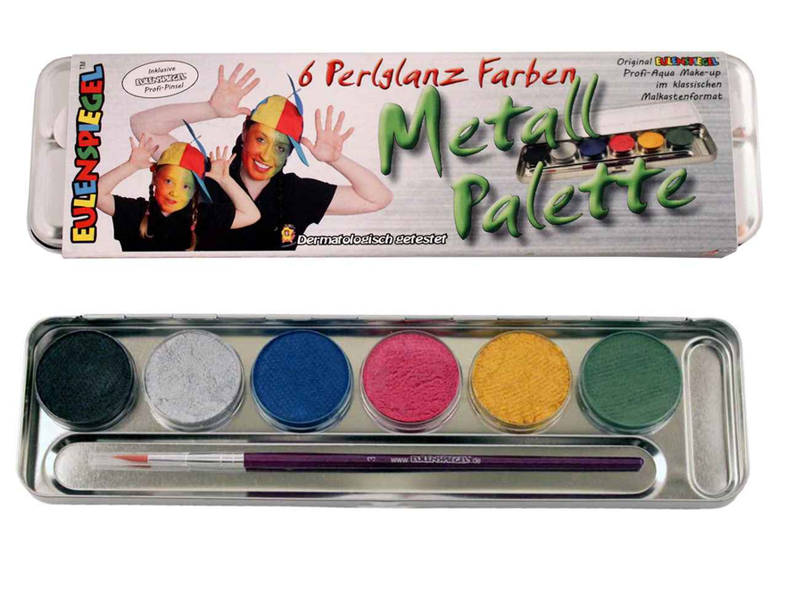 Eulenspiegel Perlglanz Schmink Palette – 6 Farben mit Profi Pinsel – Produktansicht