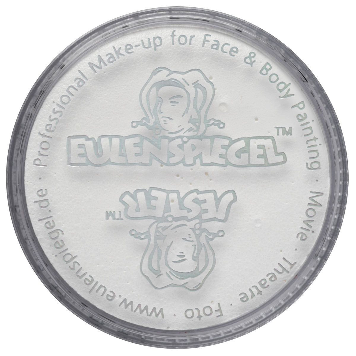 Kleiner 15ml Tiegel mit weißer, cremiger Clown-Gesichtsschminke von Eulenspiegel.