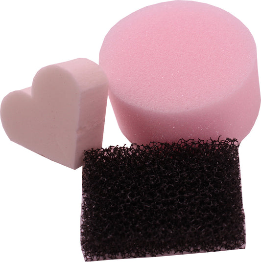 Set of three face paint sponges: fine-pored pink round, heart-shaped, and black stipple.