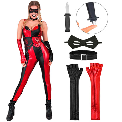 "EVIL HARLEQUIN" (Overall, Halsband, Augenmaske, fingerlose Handschuhe, Messer) – Detailansicht