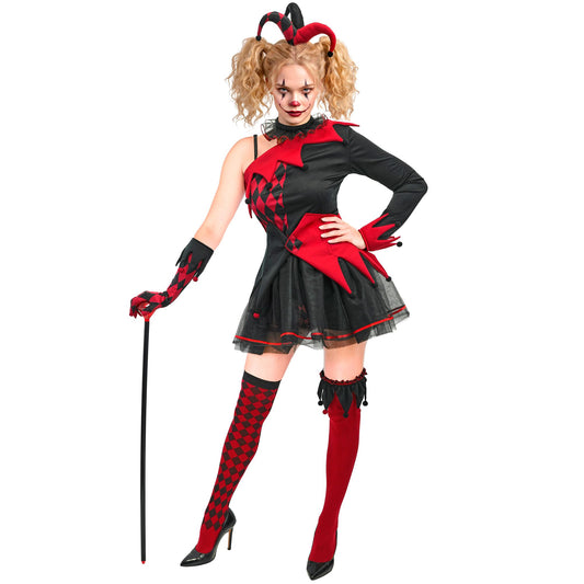 "EVIL JESTER" (Kleid, halterlose Strümpfe, Strumpfband, Gürtel, Haarreif, Halsband, Hadschuh) – Vorderansicht