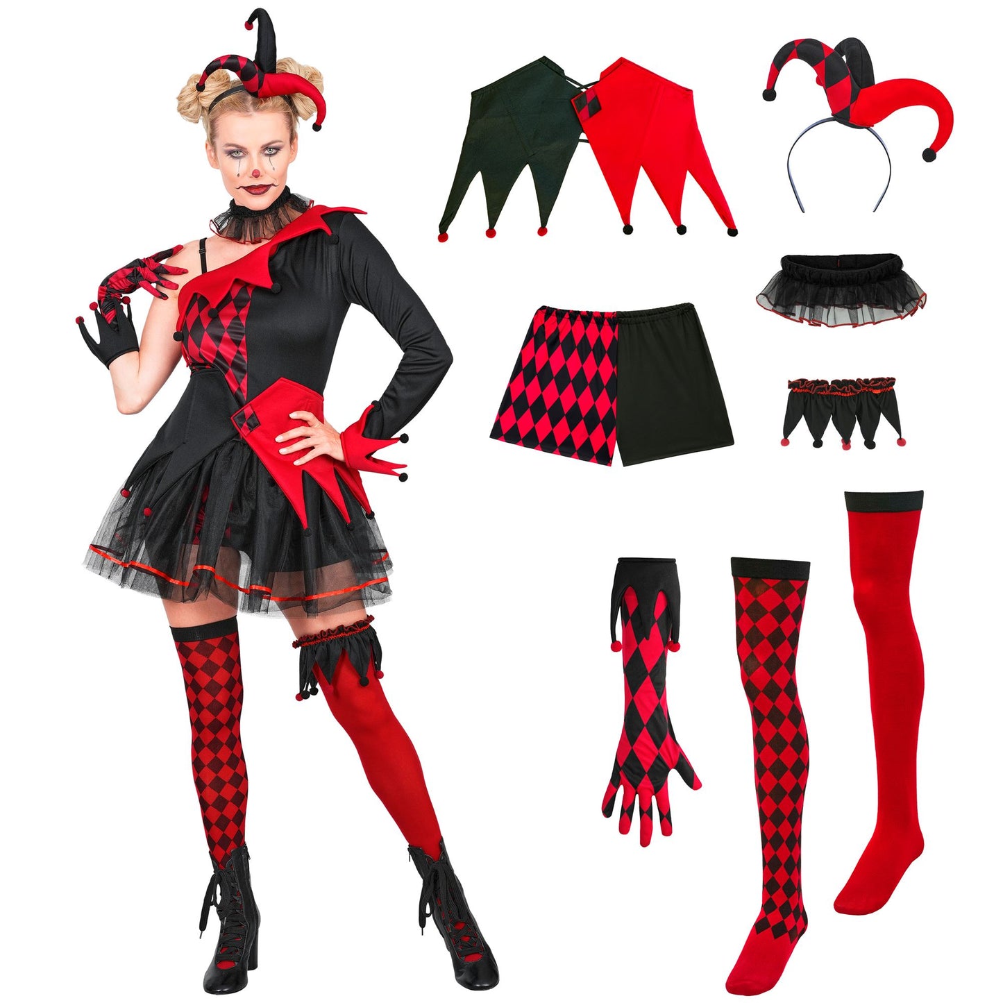"EVIL JESTER" (Kleid, halterlose Strümpfe, Strumpfband, Gürtel, Haarreif, Halsband, Hadschuh) – Detailansicht