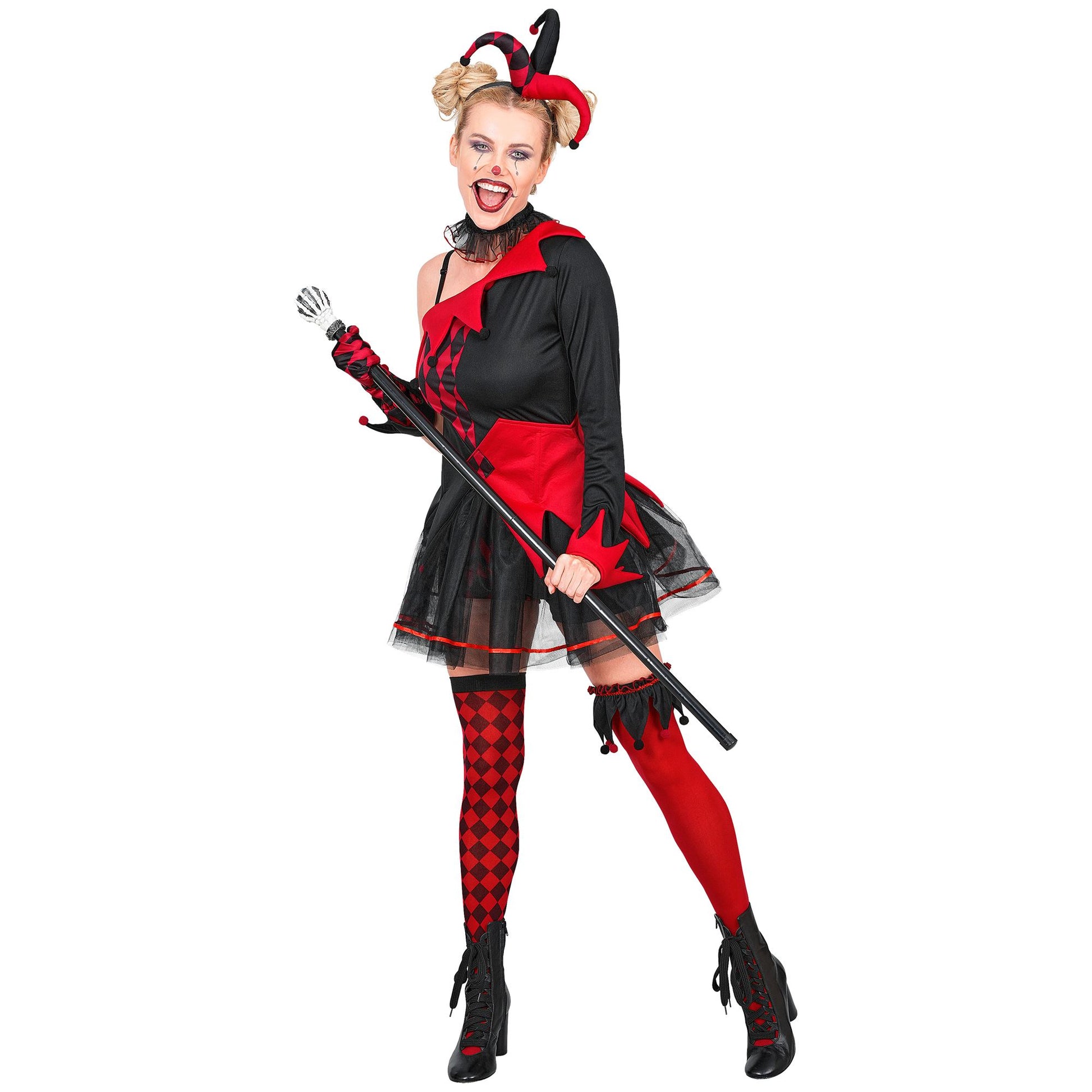 "EVIL JESTER" (Kleid, halterlose Strümpfe, Strumpfband, Gürtel, Haarreif, Halsband, Hadschuh) – Ansicht 3