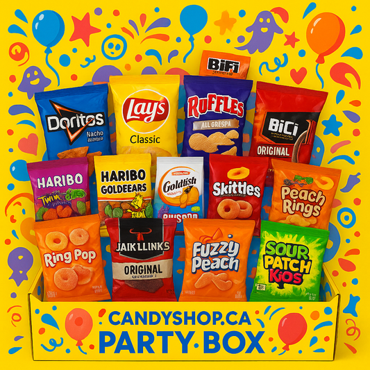 Offene Box mit bunten Süßigkeiten in verschiedenen Formen und Farben für Partys