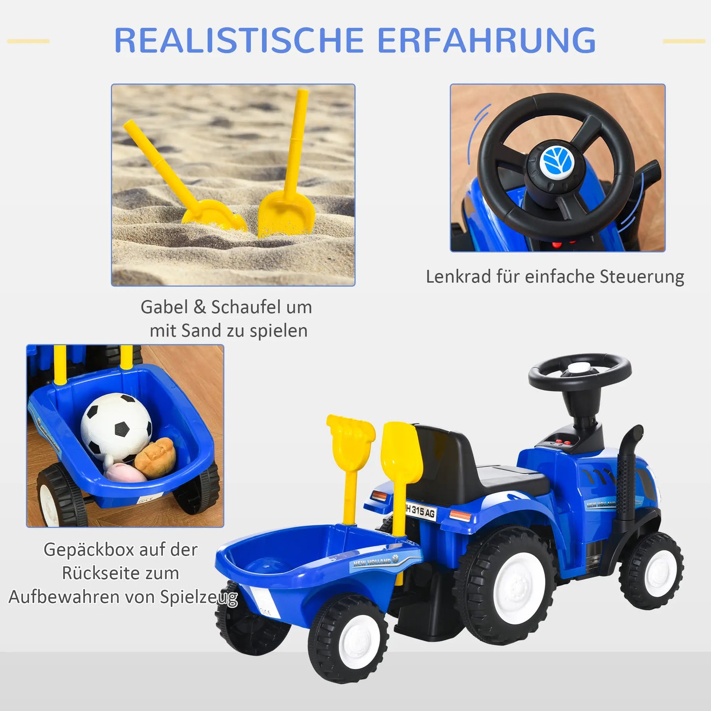 Blauer Rutsch-Traktor aus Kunststoff und Metall mit Anhänger, Hupe und Scheinwerfern für Kleinkinder