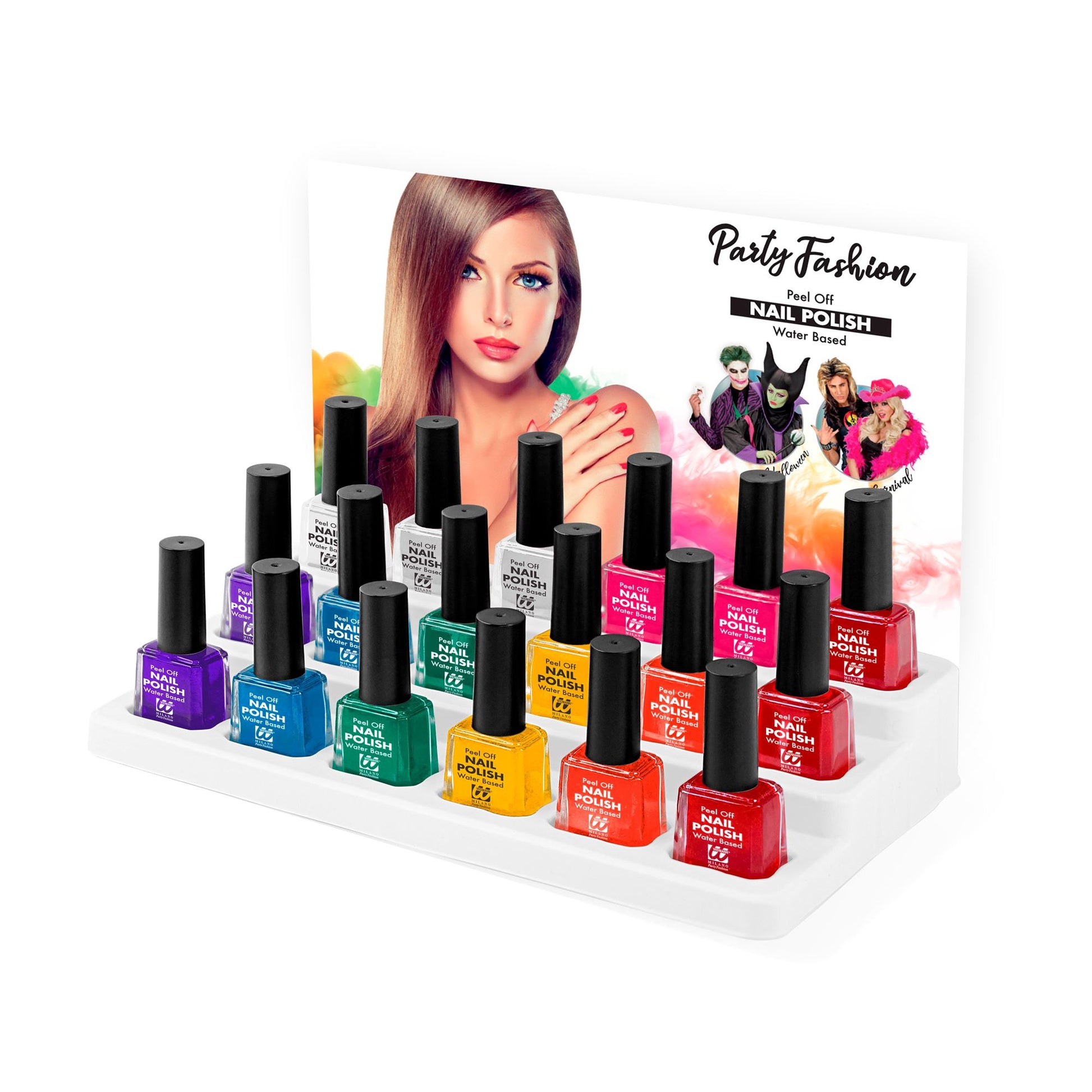 "FARBIGER NAGELLACK - PEEL OFF AUF WASSERBASIS" Display Box - 8 ml, in 8 Farben sort.: 3 rot, 3 weiß, 2 orange, 2 gelb, 2 grün, 2 blau, 2 violett, 2 rosa – Vorderansicht