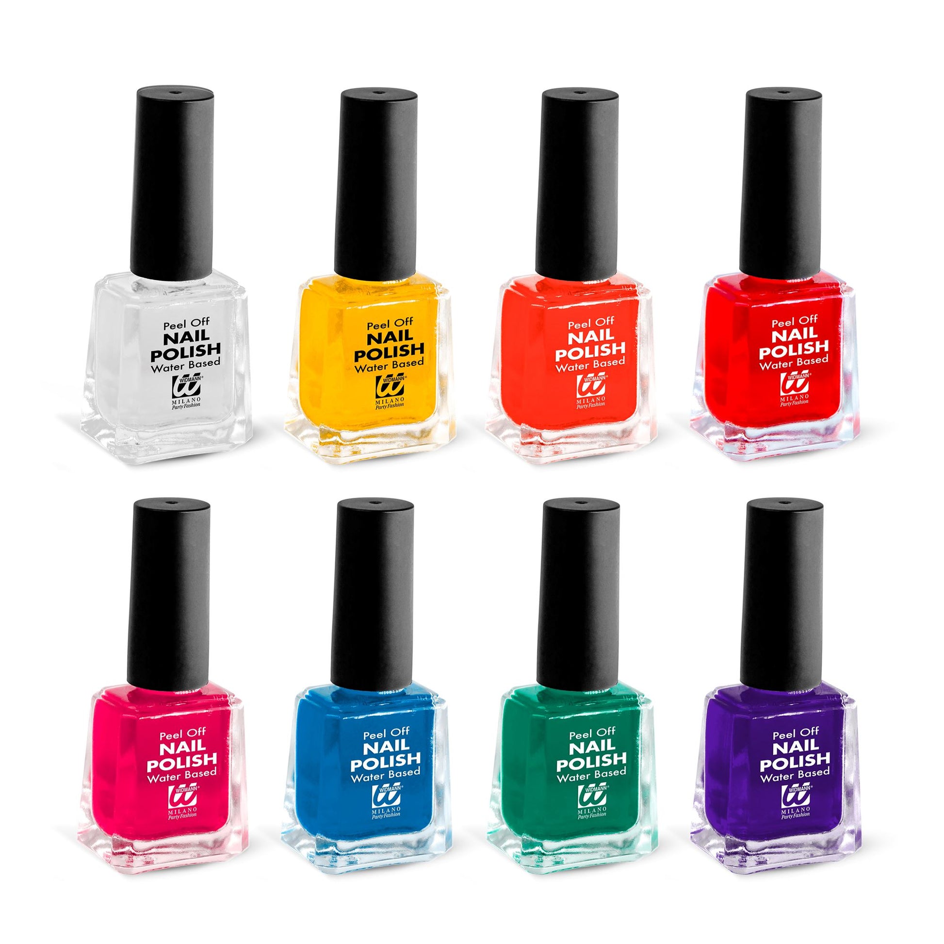 "FARBIGER NAGELLACK - PEEL OFF AUF WASSERBASIS" Display Box - 8 ml, in 8 Farben sort.: 3 rot, 3 weiß, 2 orange, 2 gelb, 2 grün, 2 blau, 2 violett, 2 rosa – Detailansicht