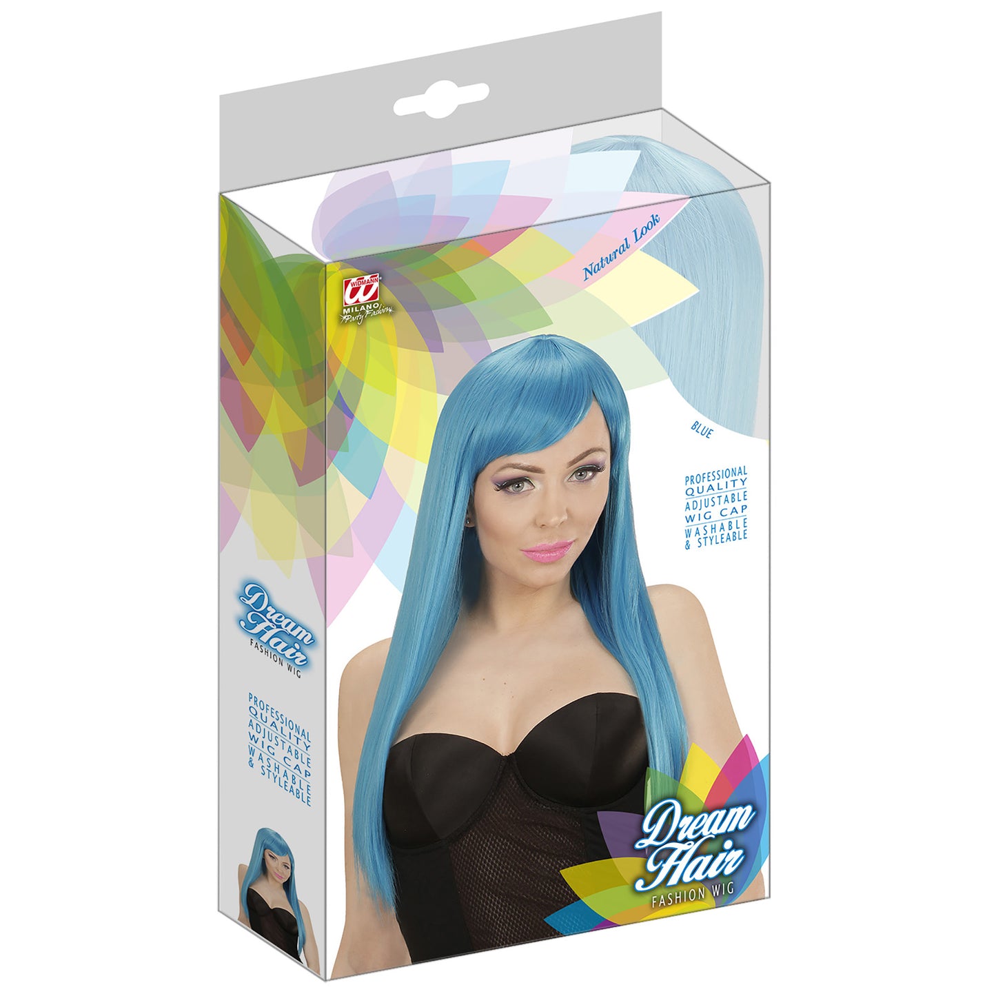 "FASHION PERÜCKE BLAU" in farbiger Box – Detailansicht