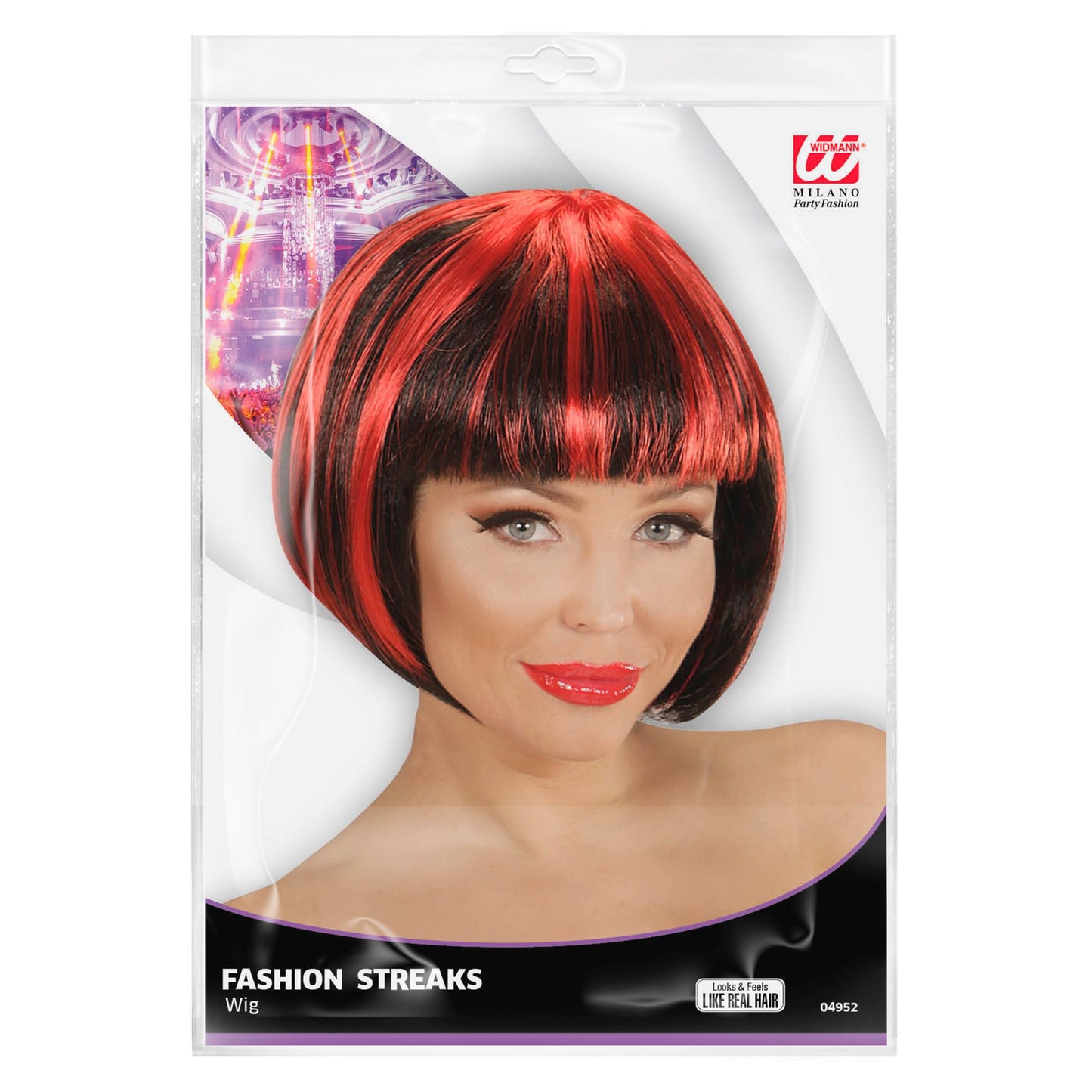 "FASHION STREAKS PERÜCKE SCHWARZ-ROT" in Polybag – Detailansicht