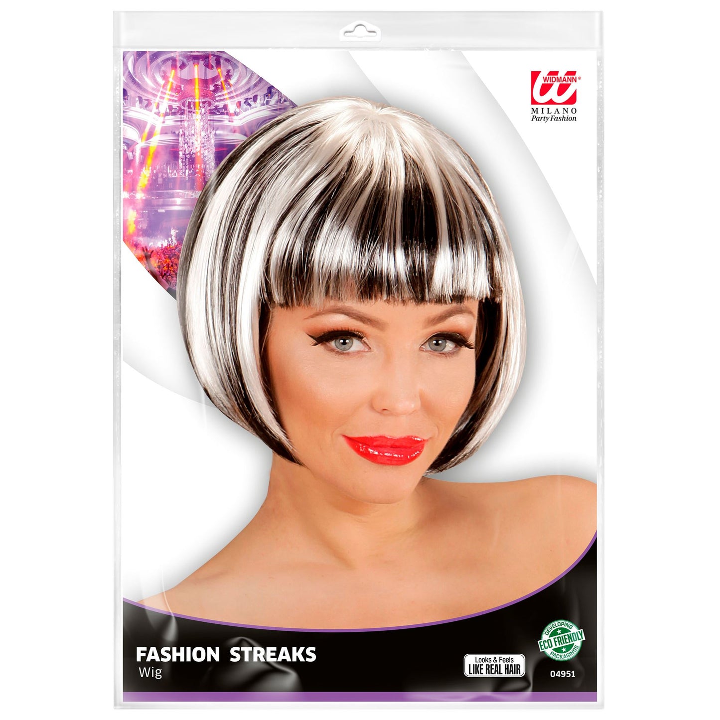 "FASHION STREAKS PERÜCKE SCHWARZ-WEIß" in Polybag – Detailansicht