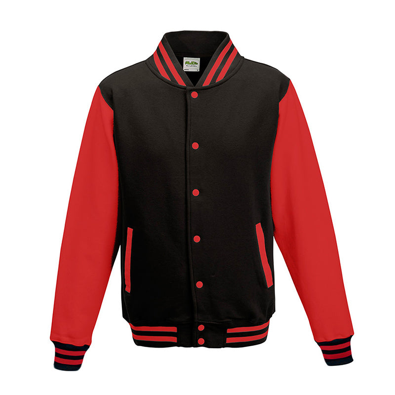 Black-red unisex poly-cotton varsity jacket with snap buttons and striped ribbing.
