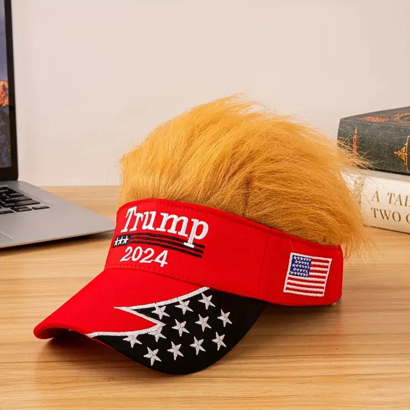 Donald Trump Wahlkampf Cap mit breiter Krempe und integriertem Toupet in Beige und Blau