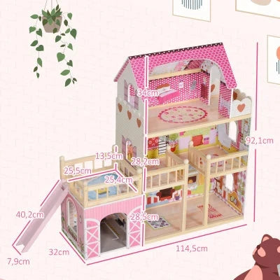 Rosa Puppenhaus aus Holz mit drei Etagen und 13 Möbelstücken, ideal für Kinder ab 3 Jahren.