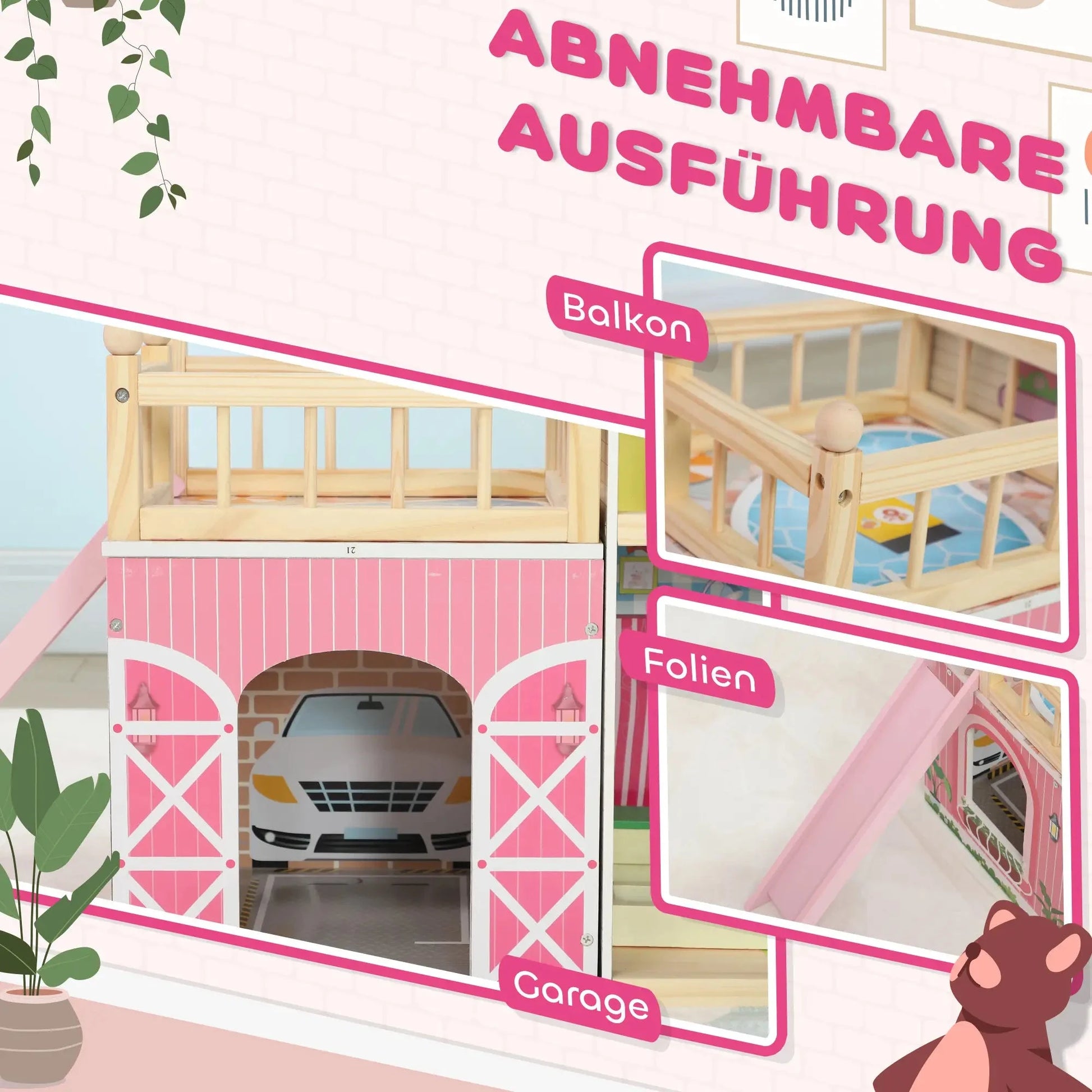 Rosa Puppenhaus aus Holz mit drei Etagen, 13 Möbelstücken und abnehmbarem Balkon