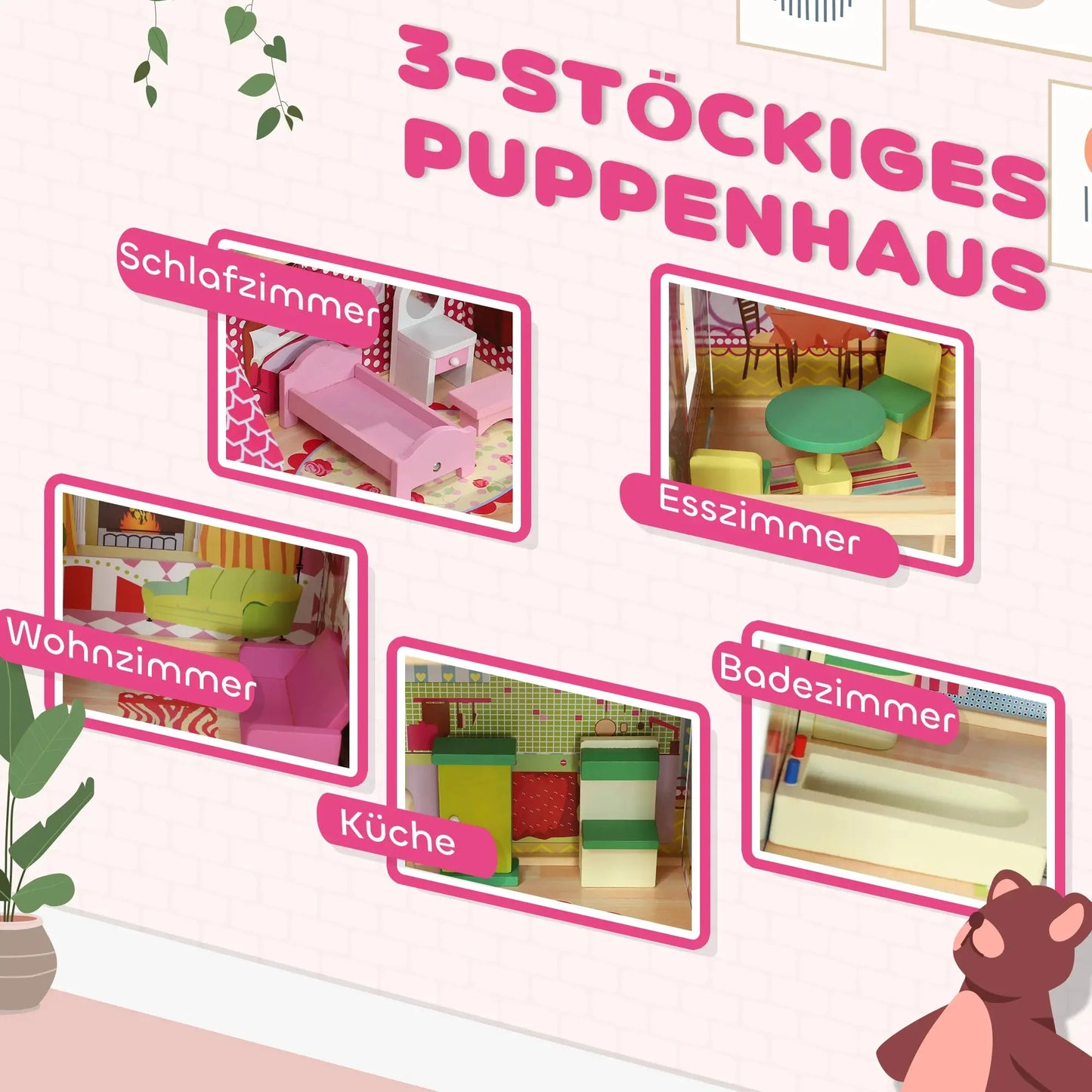 Rosa Puppenhaus aus Holz mit 3 Etagen und 13 Möbelstücken, kindgerecht und stabil.
