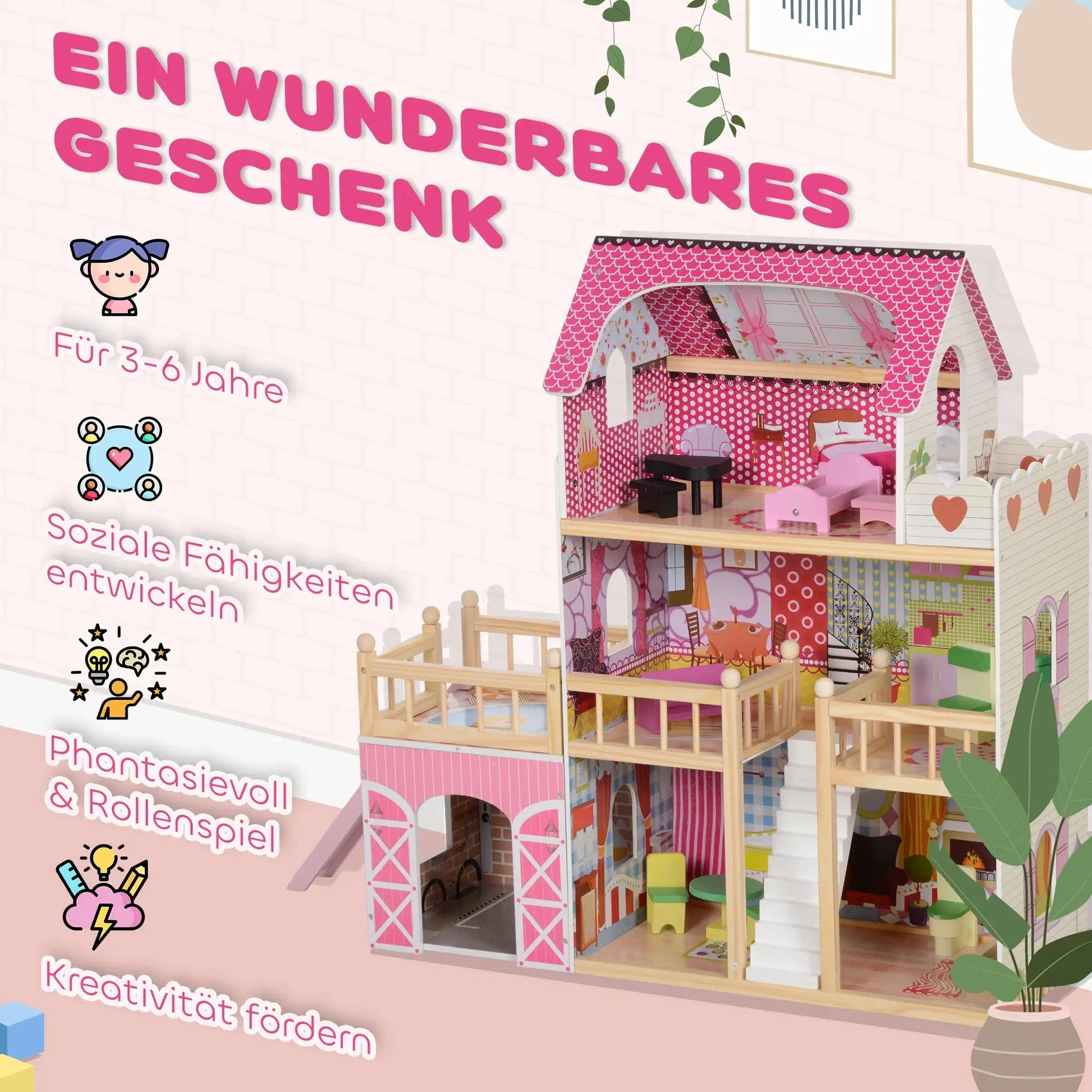 Rosa Puppenhaus aus Holz mit drei Etagen, 13 Möbelstücken und abnehmbarem Balkon.
