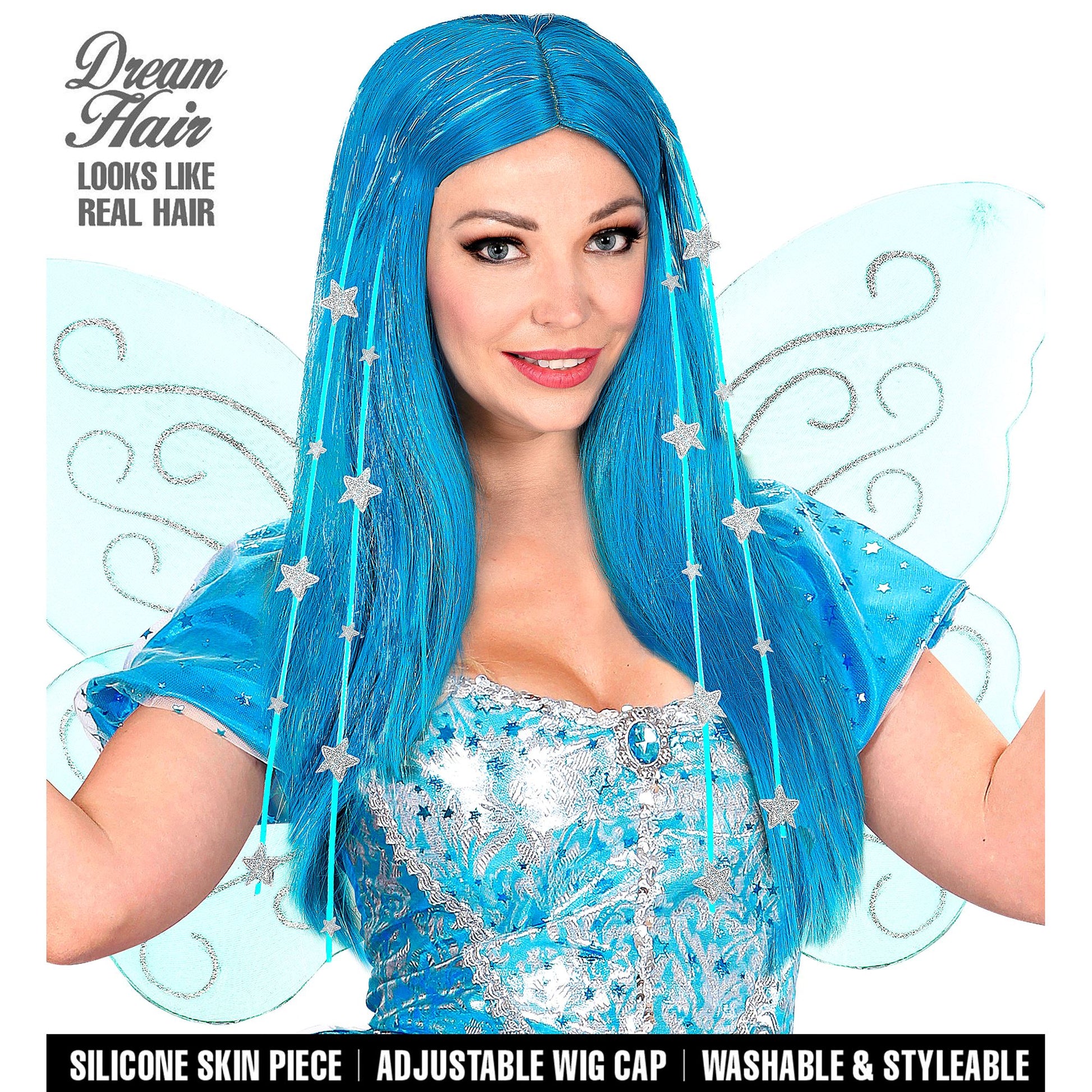 "FEEN DREAM HAIR PERÜCKE MIT LAMETTA, STERNEN & HOCHWERTIGEM SILIKON LINING" in farbiger Box – Vorderansicht