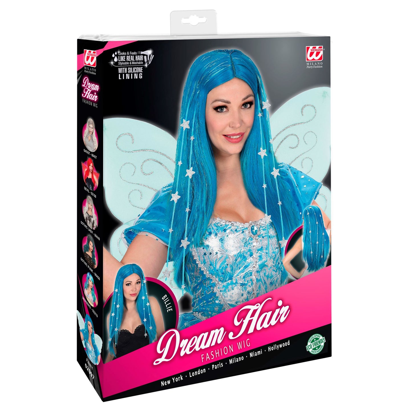 "FEEN DREAM HAIR PERÜCKE MIT LAMETTA, STERNEN & HOCHWERTIGEM SILIKON LINING" in farbiger Box – Detailansicht