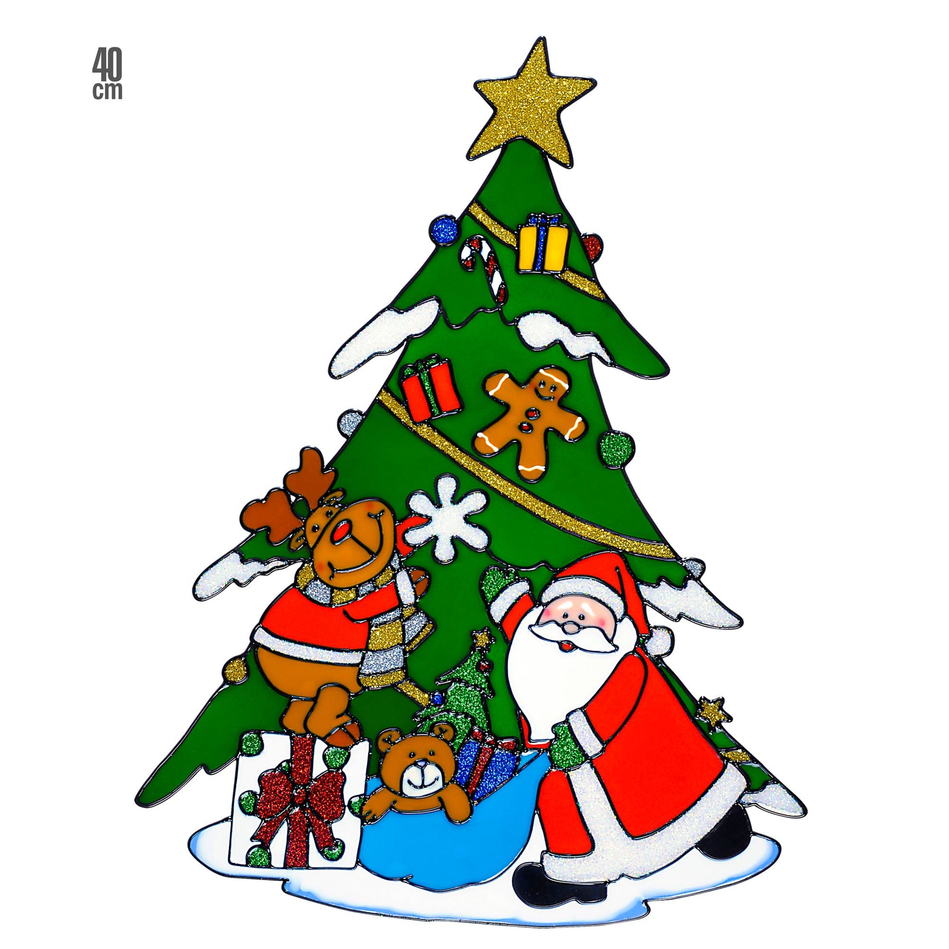 "FENSTERBILD WEIHNACHTSBAUM MIT WEIHNACHTSMANN UND RENTIER" 40 cm – Vorderansicht