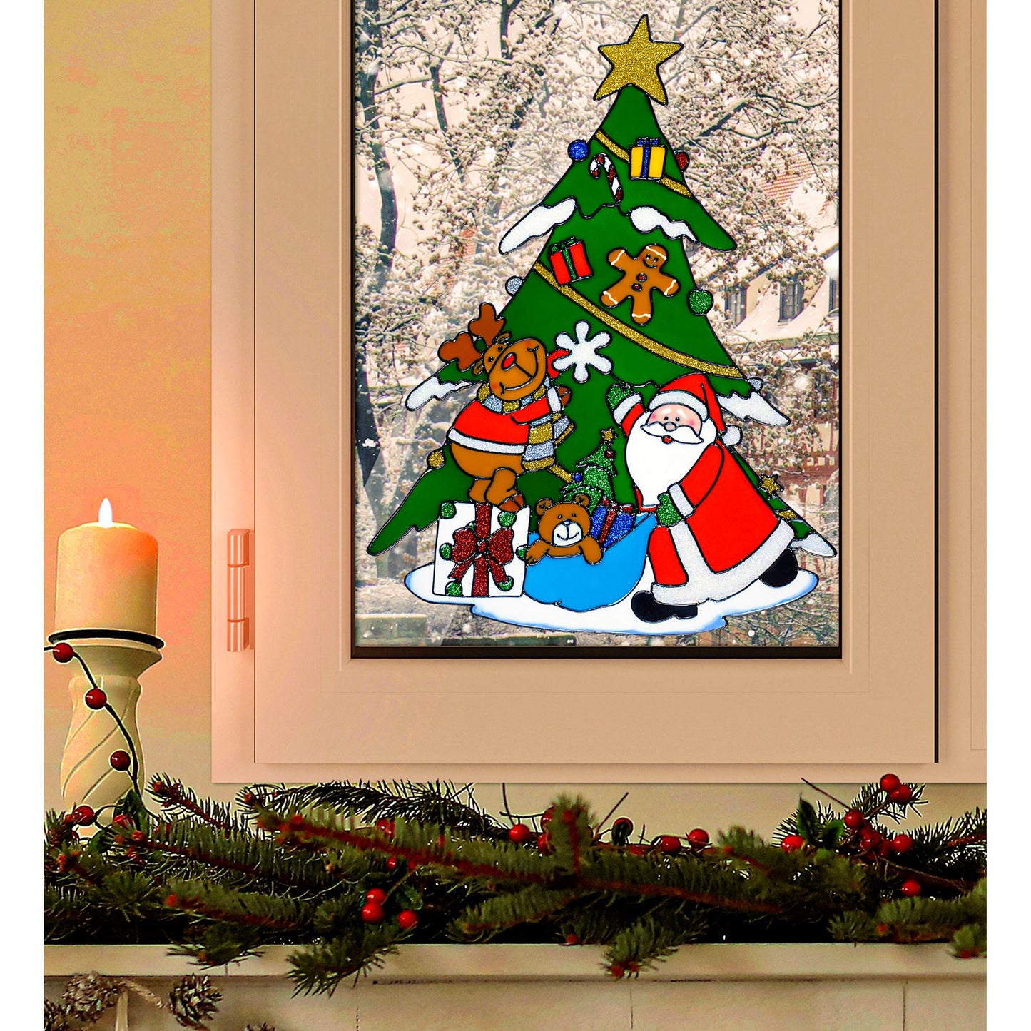 "FENSTERBILD WEIHNACHTSBAUM MIT WEIHNACHTSMANN UND RENTIER" 40 cm – Detailansicht