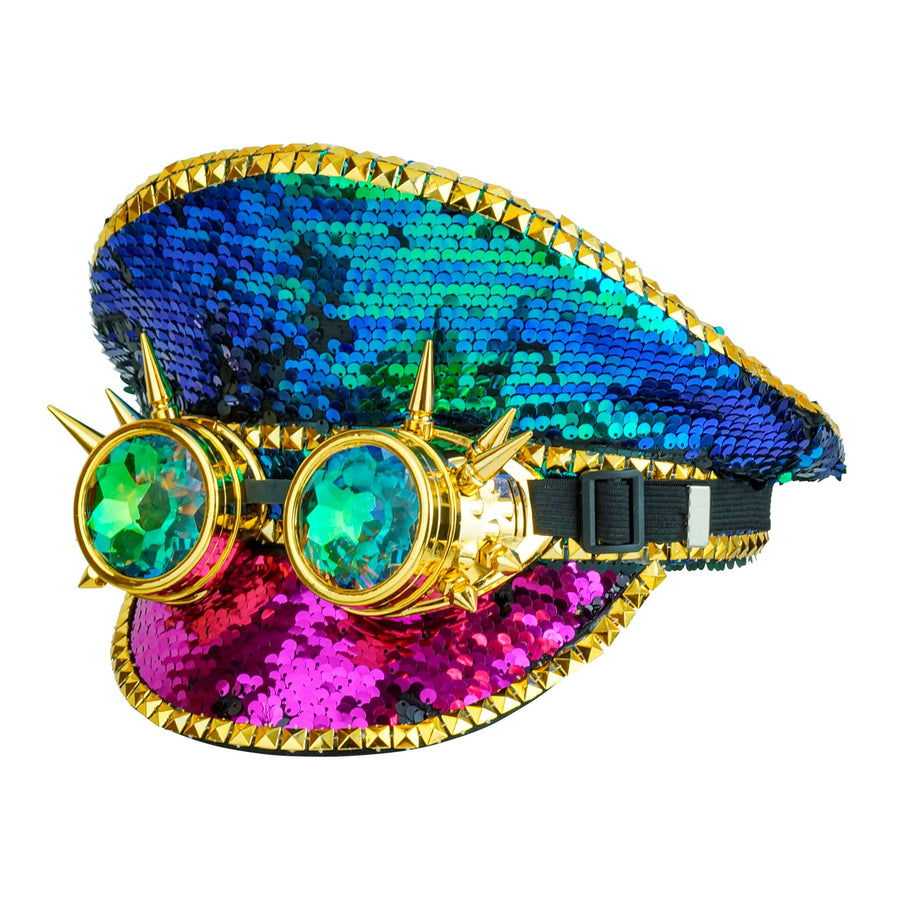 "FESTIVAL KAPPE BUNTE PAILLETTEN MIT NIETEN, KALEIDOSKOPISCHER BRILLE MIT STACHELN" – Vorderansicht
