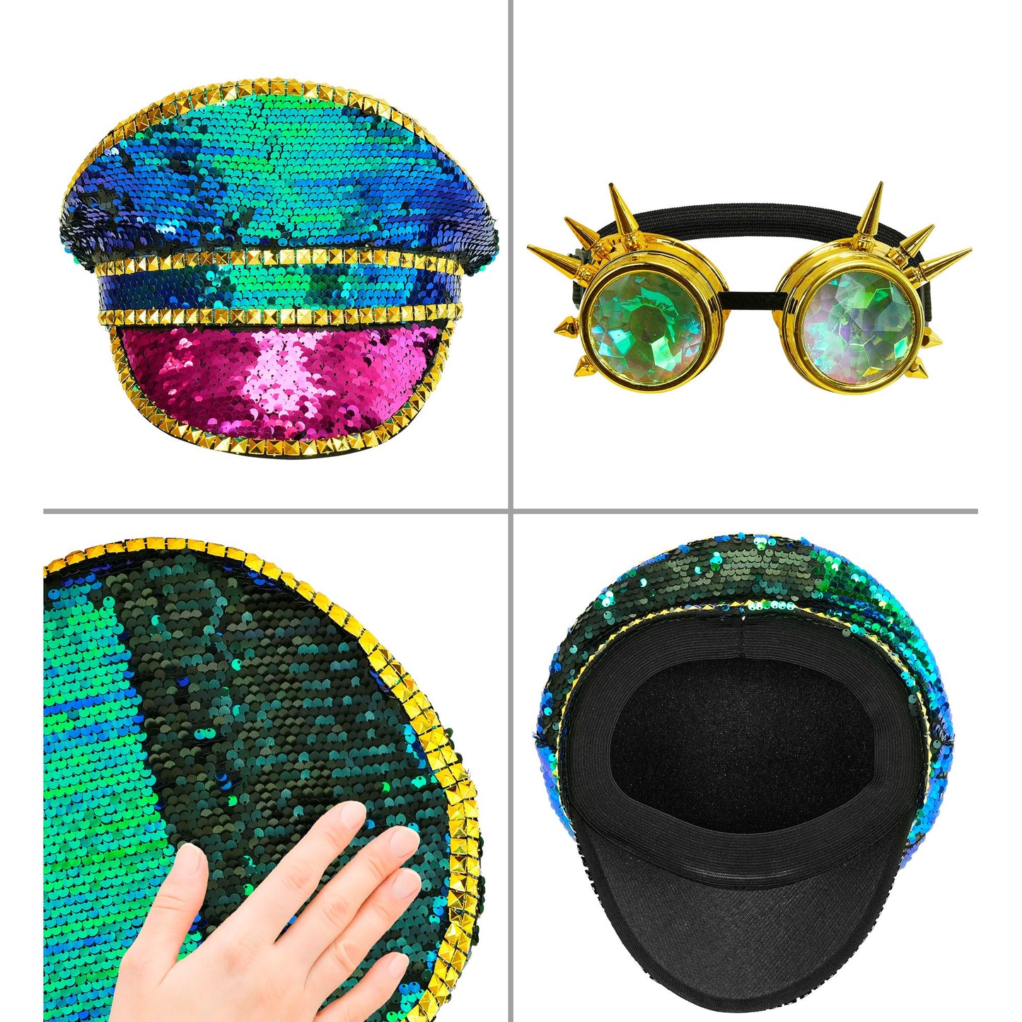 "FESTIVAL KAPPE BUNTE PAILLETTEN MIT NIETEN, KALEIDOSKOPISCHER BRILLE MIT STACHELN" – Detailansicht