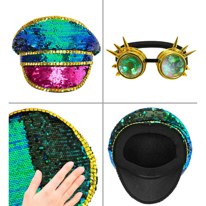 "FESTIVAL KAPPE BUNTE PAILLETTEN MIT NIETEN, KALEIDOSKOPISCHER BRILLE MIT STACHELN" – Detailansicht