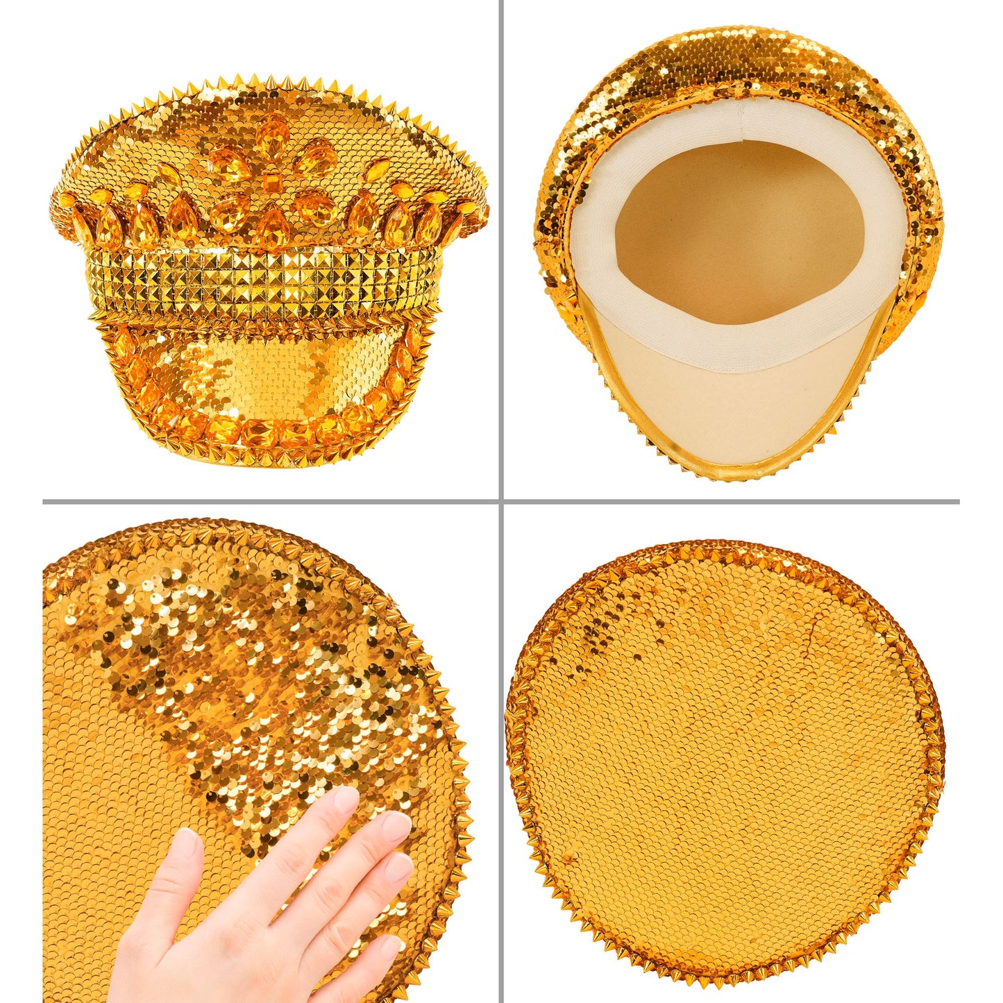 "FESTIVAL KAPPE GOLDENE PAILLETTEN MIT NIETEN UND GLITZERSTEINEN" – Detailansicht