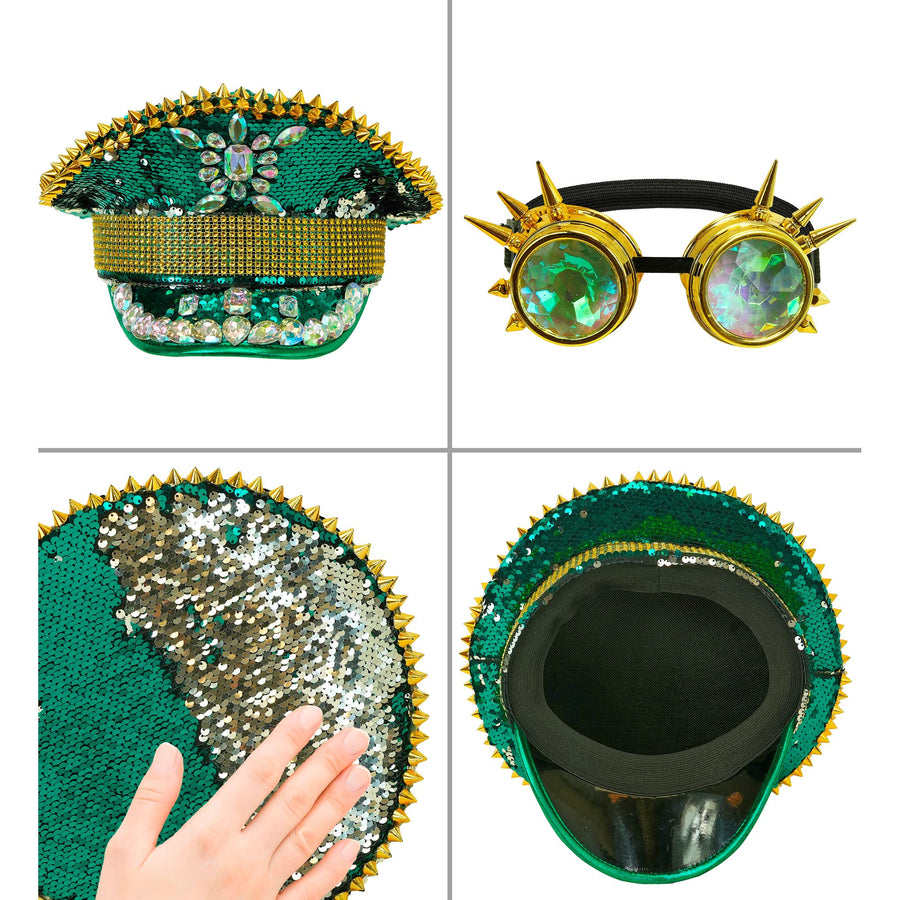 "FESTIVAL KAPPE GRÜNE PAILLETTEN MIT STACHELN, GLITZERSTEINEN & KALEIDOSKOPISCHER BRILLE MIT STACHELN" – Detailansicht