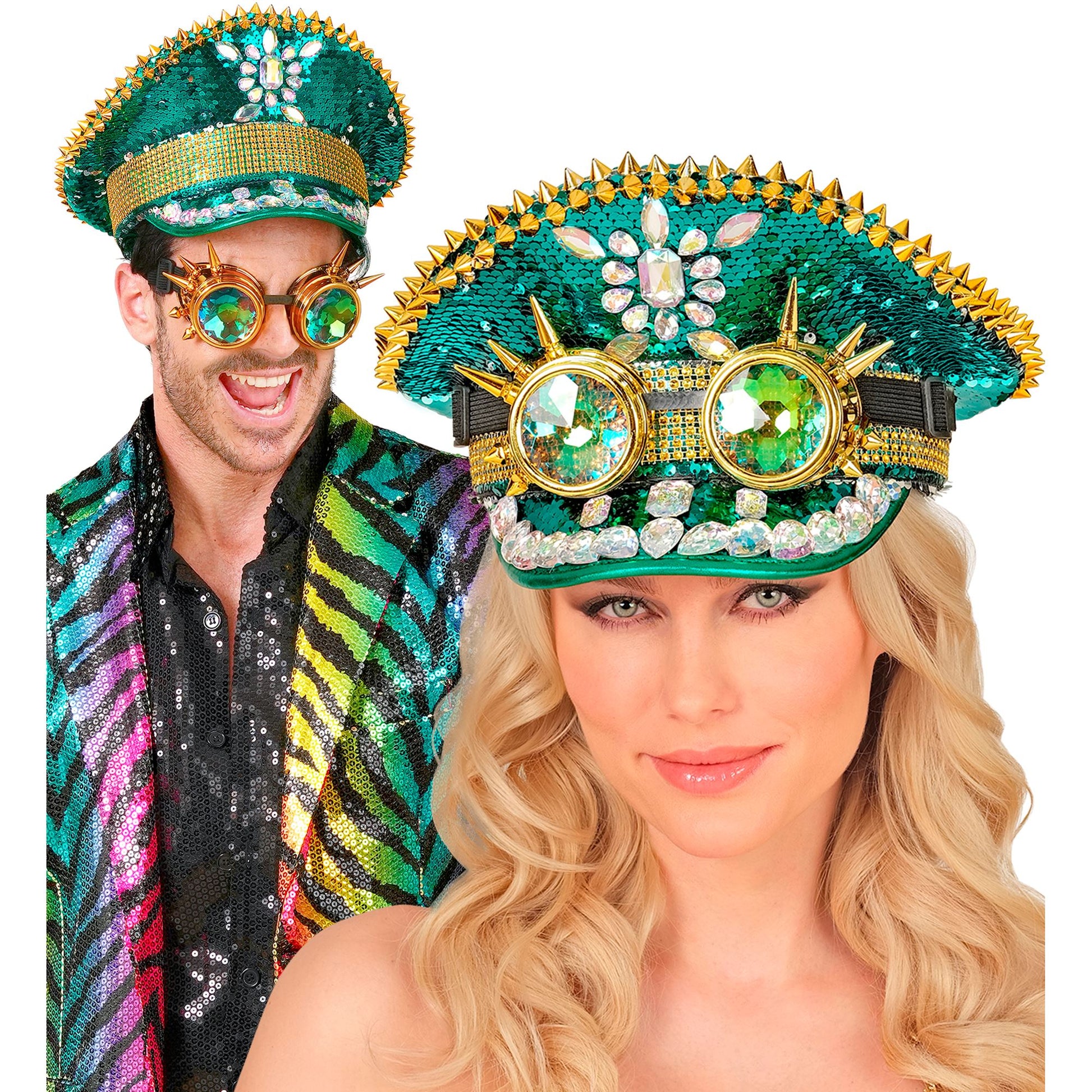 "FESTIVAL KAPPE GRÜNE PAILLETTEN MIT STACHELN, GLITZERSTEINEN & KALEIDOSKOPISCHER BRILLE MIT STACHELN" – Ansicht 4