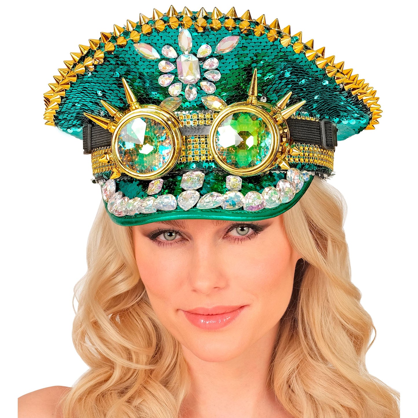"FESTIVAL KAPPE GRÜNE PAILLETTEN MIT STACHELN, GLITZERSTEINEN & KALEIDOSKOPISCHER BRILLE MIT STACHELN" – Ansicht 6
