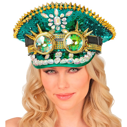 "FESTIVAL KAPPE GRÜNE PAILLETTEN MIT STACHELN, GLITZERSTEINEN & KALEIDOSKOPISCHER BRILLE MIT STACHELN" – Ansicht 6